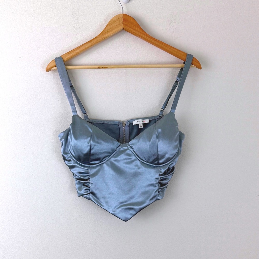Blue Satin Corset Bustier Going Out Top Ruched Handkerchief sz L Coquette Y2K